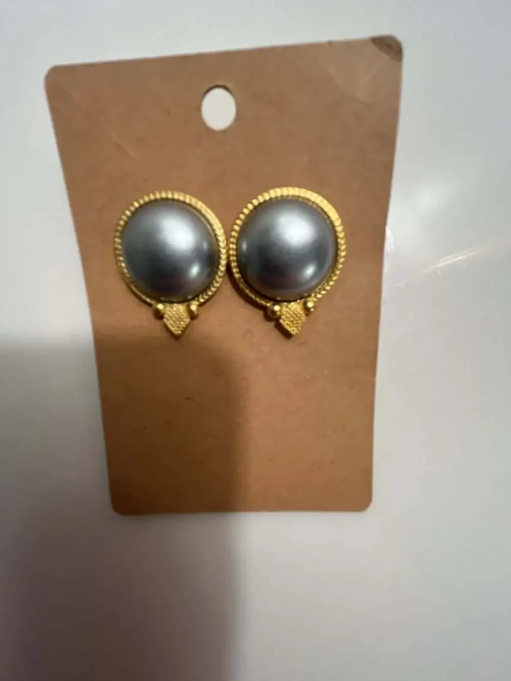 Vintage Nolan Miller Faux Gray Pearl Gold Tone Stud Earrings